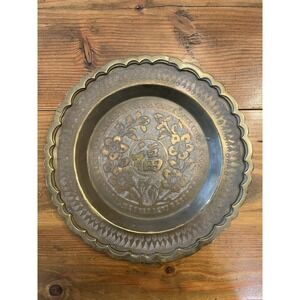 Vintage Hong Kong Hand Engraved Brass Round Tray Scalloped Edge Fu Wall Hanging
